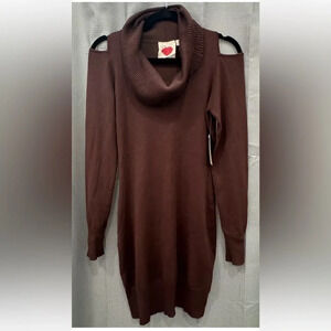 NWT Derek Heart Womens Brown Sweater Dress Cold Shoulder long Sleeve Cowl Neck L